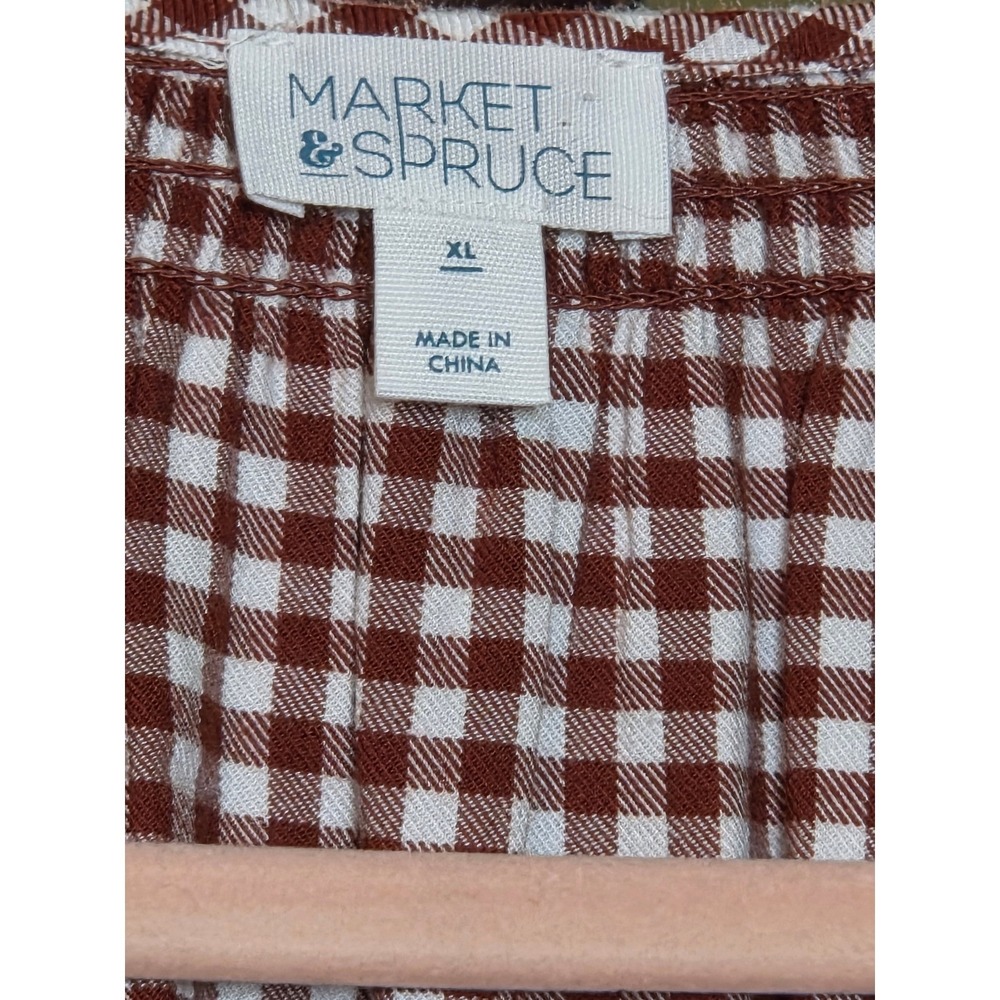 Market & Spruce Womens XL Red Brown Gingham Button Front Blouse Smocked Cuff - Picture 4 of 8